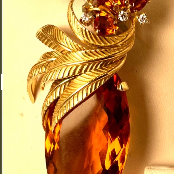 A 1 of  a kind, handmade vintage 1940-50’s 14KT YG, Citrine, Diamond Pin/pendant - Picture 8 of 8